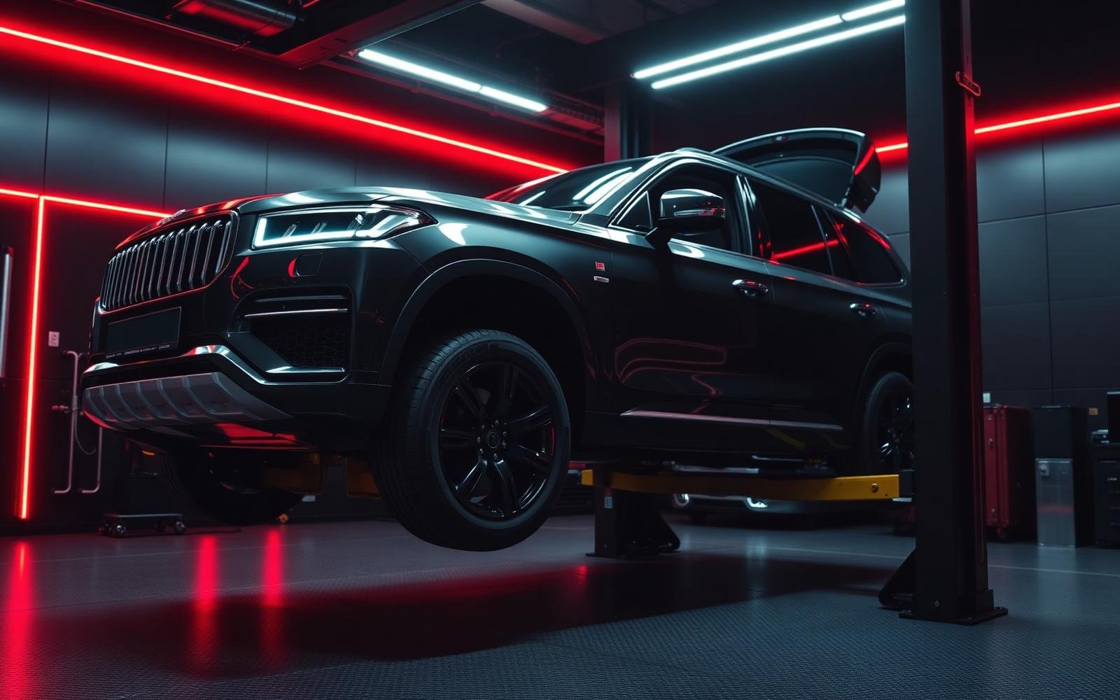 Ammar Auto Maintenance workshop floor with luxury SUV on lift